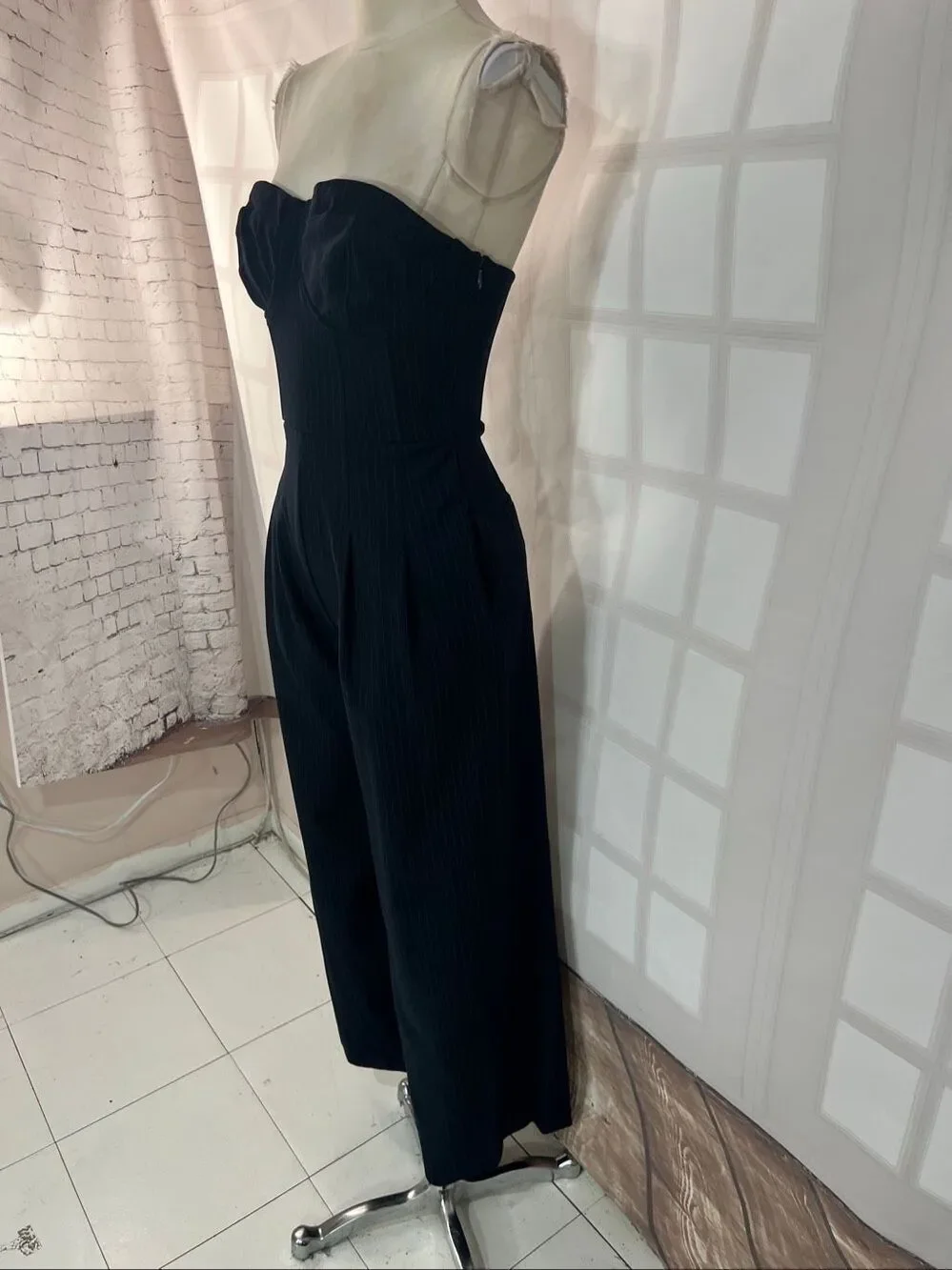 Anthropologie Dark Navy White Tailored Wide Leg Corset Pinstripe Jumpsuit Size 2